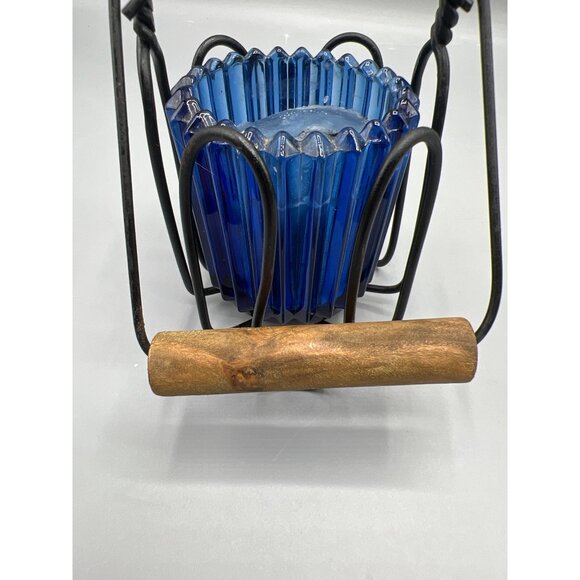 Cobalt Blue Glass Candle Holder With Iron Holder Wood Handle Primitive Look 4.5" - Picture 12 of 15